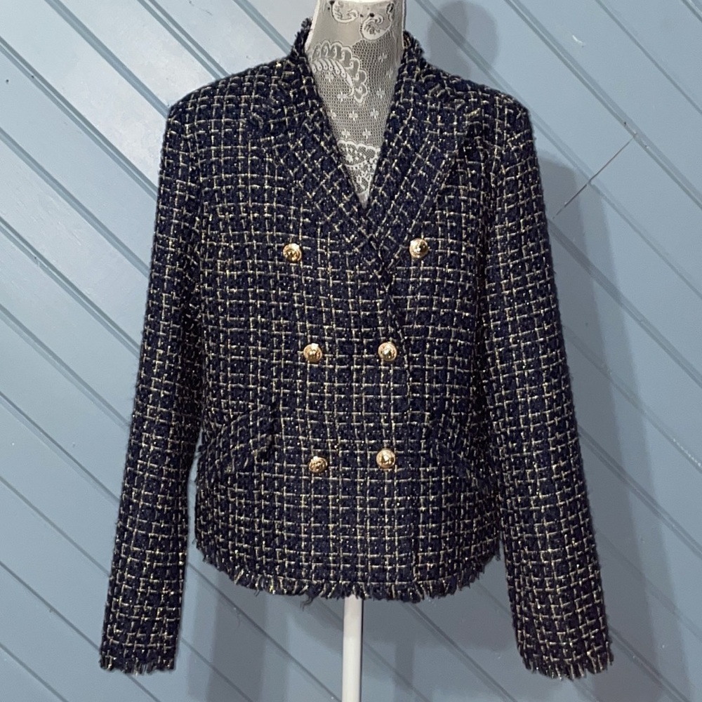 Dolce Cabo Gold button detail tweed navy double-breasted blazer